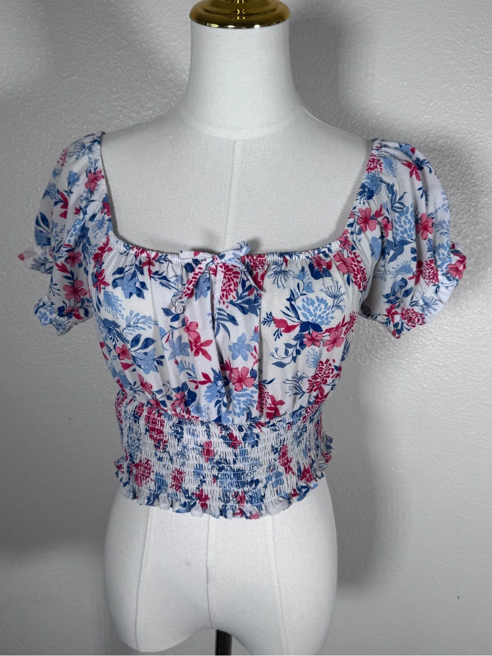 Pink Rose White Floral Smocked Crop Top with Blue & Pink Print